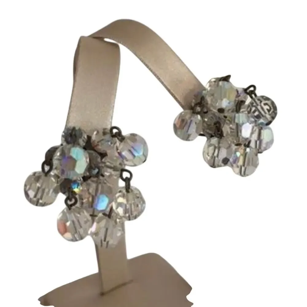 Vintage clear Austrian crystal drop dangle clip on earrings AB faceted beads